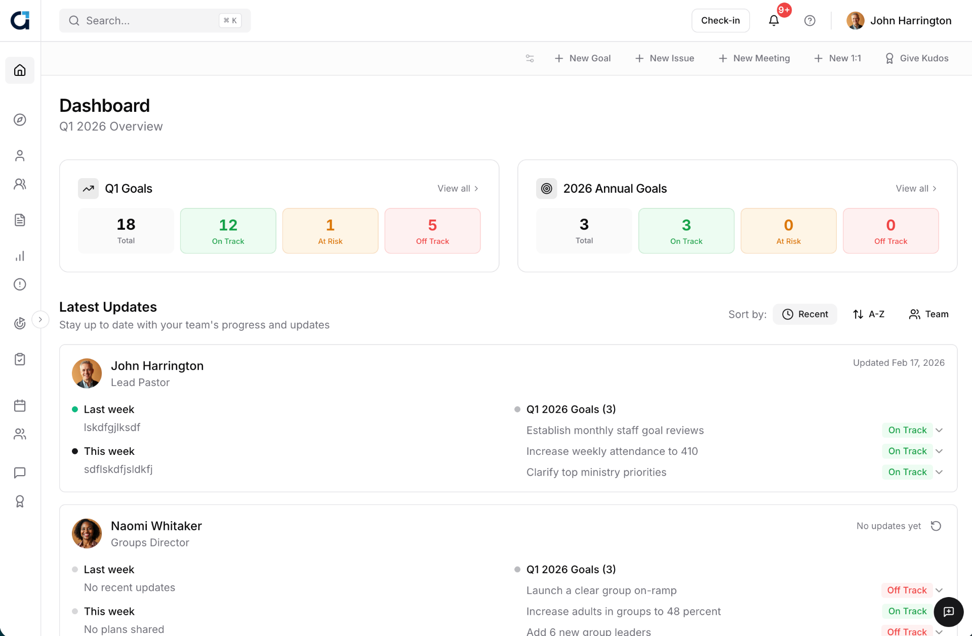 Alignify dashboard showing Q1 goals overview, team check-ins, and latest updates
