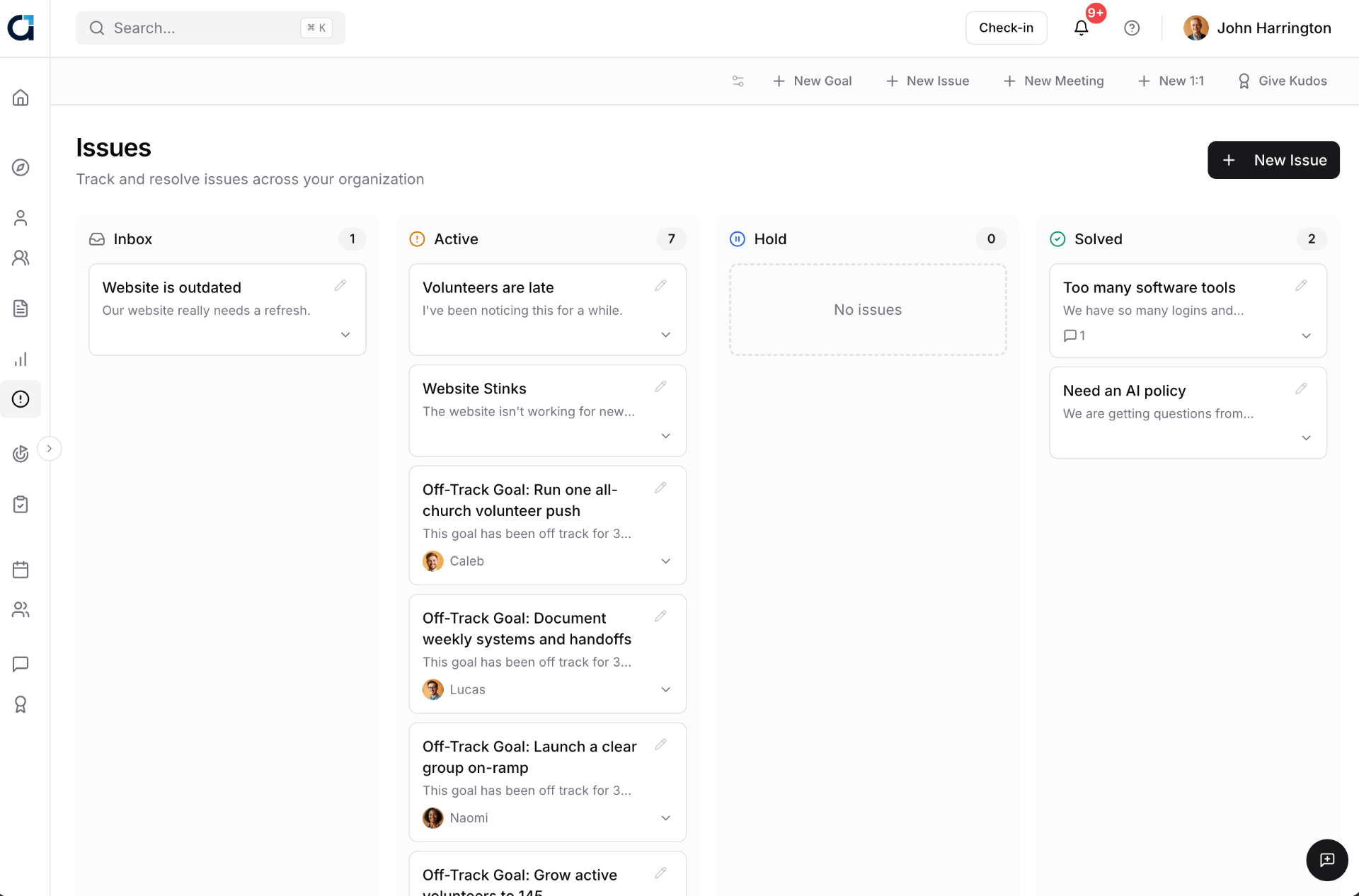 Alignify issues board with kanban-style tracking for team blockers
