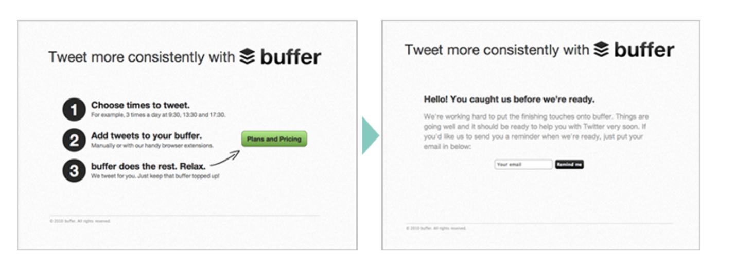 Buffer smoke test example showing Plans and Pricing button leading to coming soon page