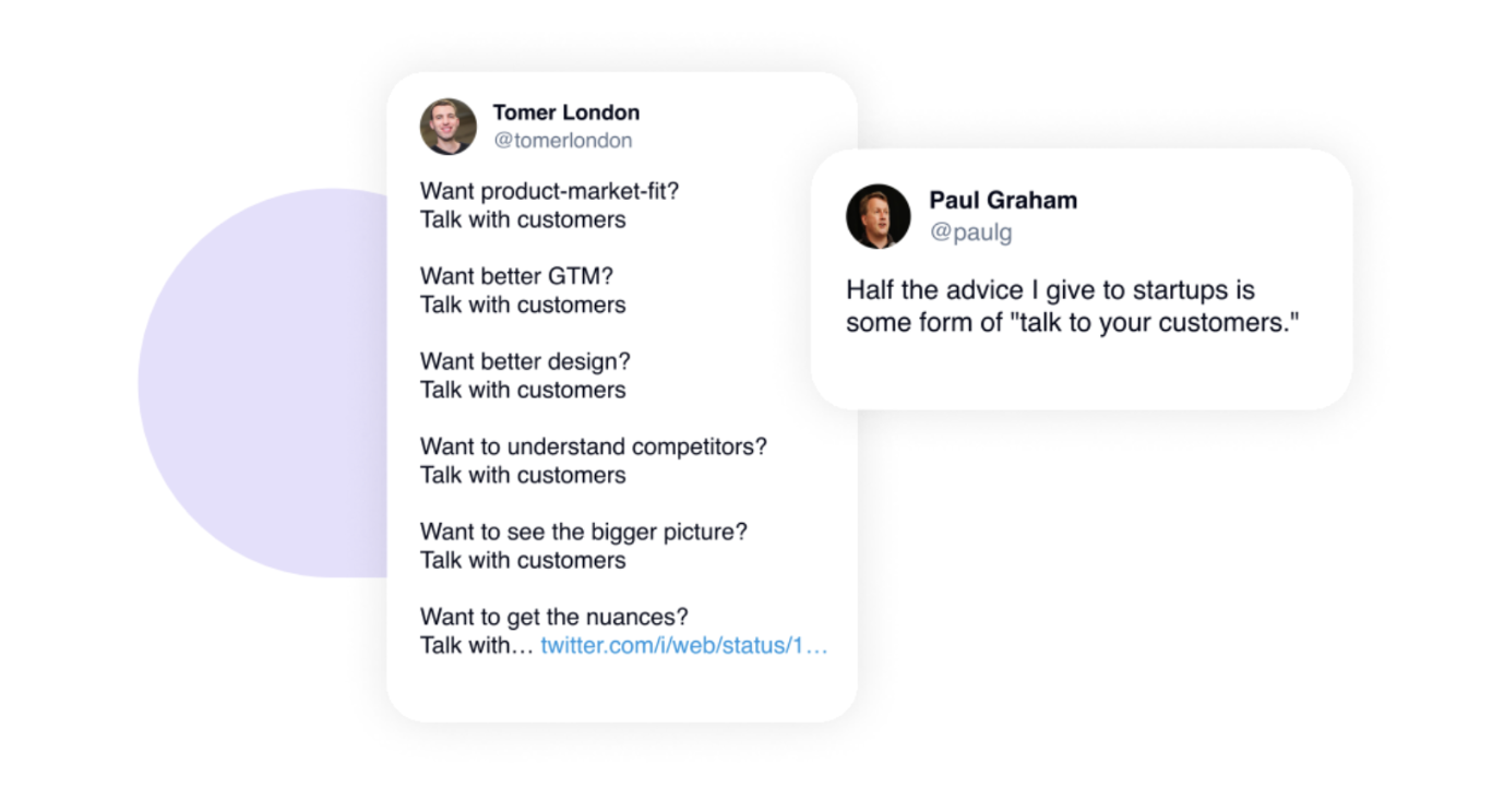 Twitter posts about talking to customers for product-market fit